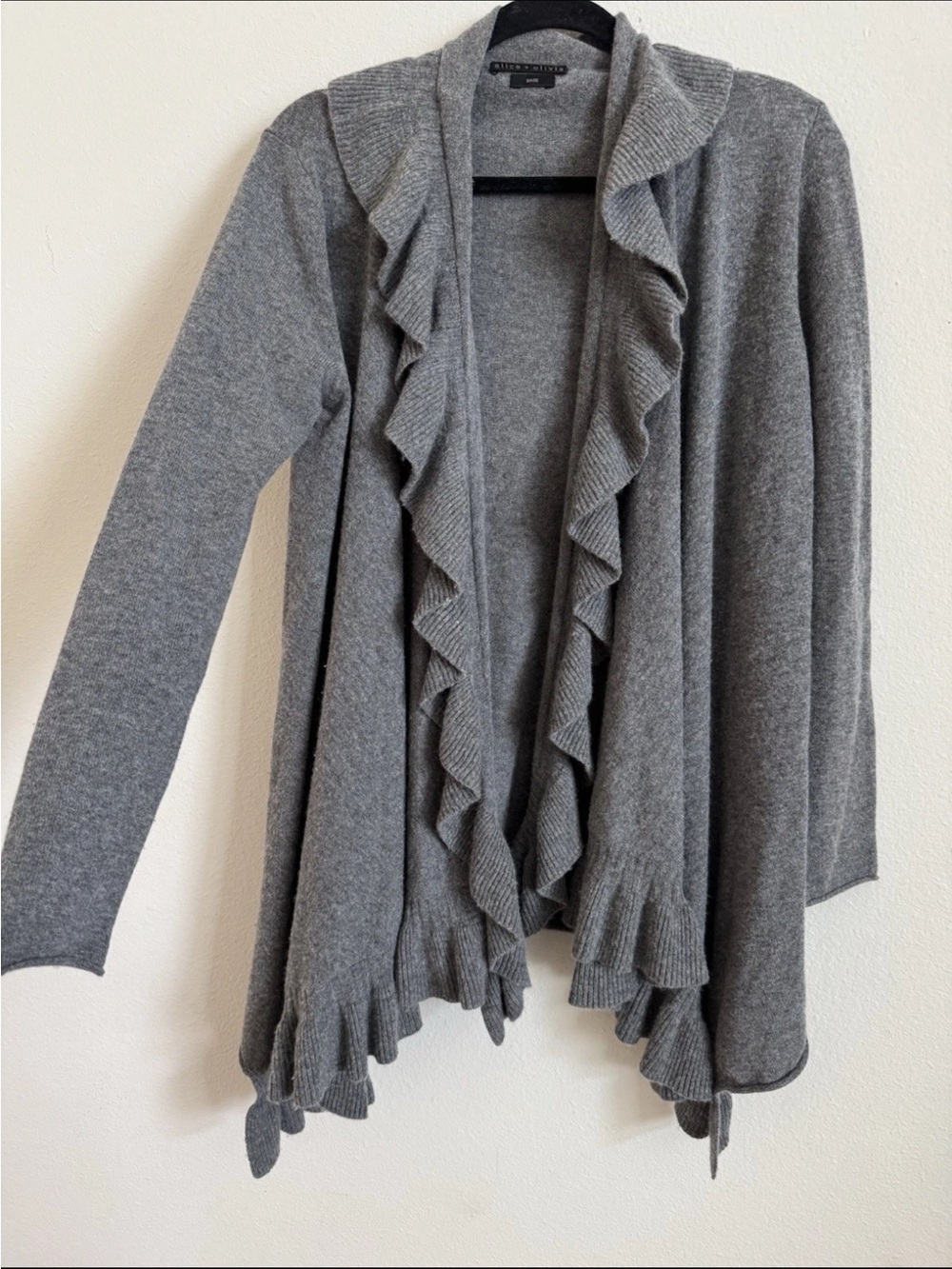 Alice and Olivia Gray Cashmere Wool Ruffle Open front Cardigan Size L